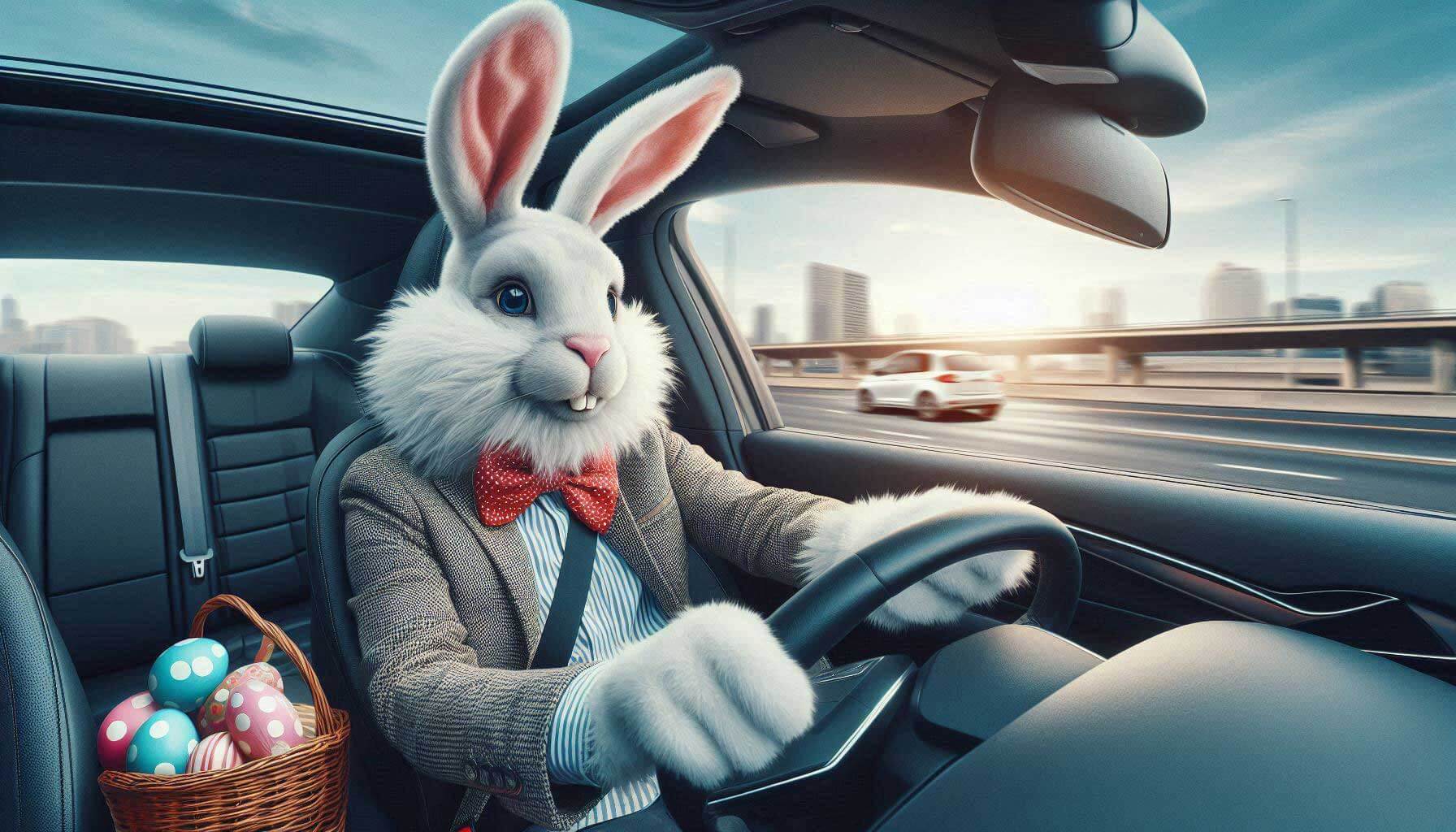 white easter bunny wearing a suite and bow tie while driving a car